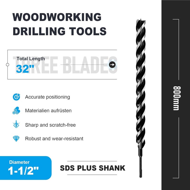 WOBLLMX 1-1/2" x 32" Auger Drill Bit with SDS Plus Shank for Wood,Tri Flute Ship Auger Long Drill Bit for Soft and Hard Wood,Tree Stump,Plastic,Drywall and Composite Materials - Image 2